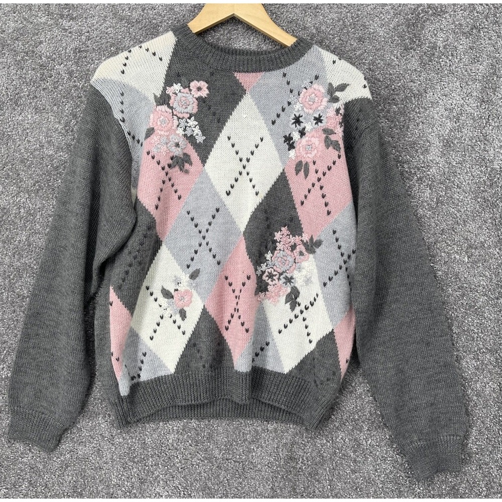 Vintage Alfred Dunner Petite Floral Argyle Knit Sweater Grey Pink PL Grannycore